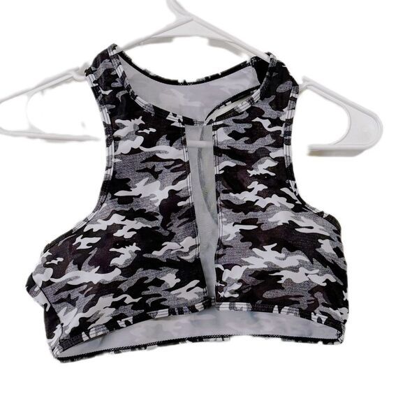 Gray and Black Crop Swim Top with Cut-Out Design - Picture 1 of 4